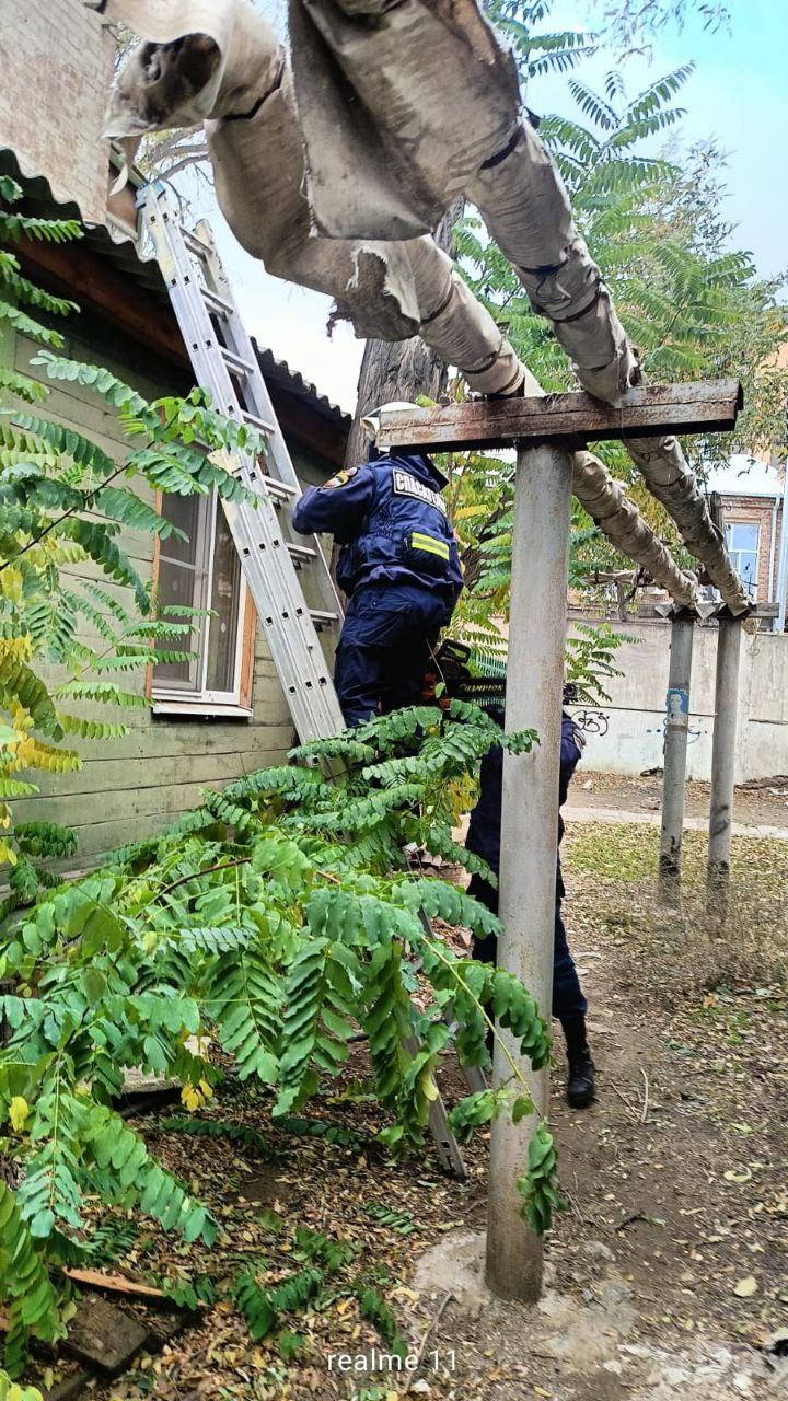 В Астрахани спасатели устранили угрозу падения дерева рядом с жилым домом