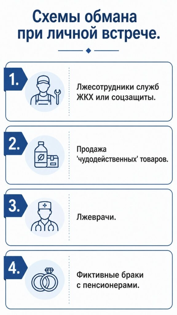 Инфографика, показывающая схемы, с помощью которых мошенники обманывают пенсионеров при личной встрече