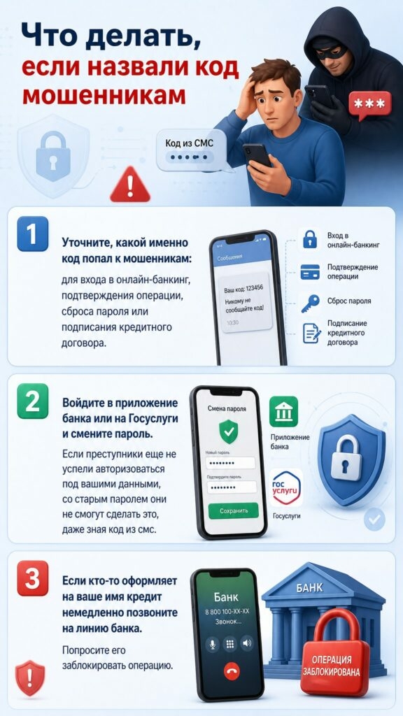 Инфографика: Что делать, если передали код мошенникам