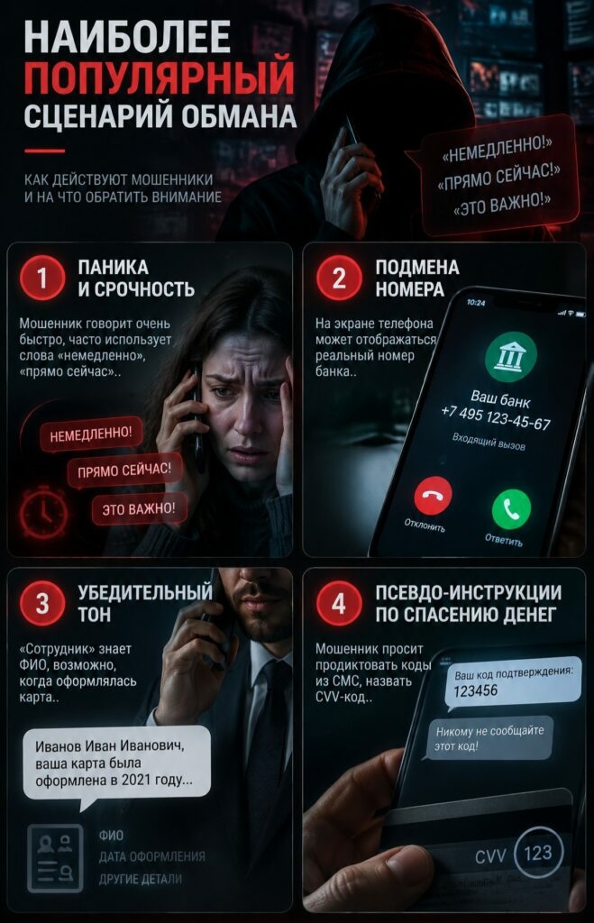 Инфографика: наиболее популярный сценарий обмана во время телефонного мошенничества